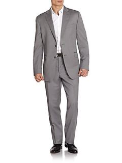 Herringbone Slim Fit Wool & Silk Suit   Grey