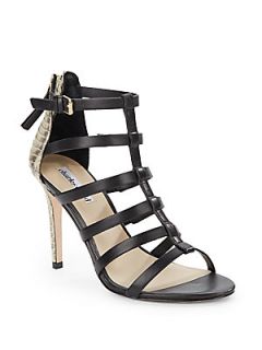 Smooth & Snake Embossed Leather Strappy Sandals   Black Natural