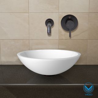 Vigo Flat Edged White Phoenix Stone Glass Vessel Sink With Antique Rubbed Bronze Wall Mount Faucet
