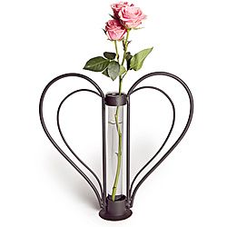 Swetheart Iron Heart shaped Bud Vase (Black iron, clear glassPattern HeartDecorative/Functional FunctionalHolds water YesDimensions 9.5 inches high x 9.5 inches wide x 2 inches deep )