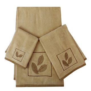 Sherry Kline Ridge 3 piece Embellished Towel Set (Light gold Materials 100 percent cotton towel/100 percent polyester bandCare instructions Spot clean recommended DimensionsBath towel 25 inches wide x 48 inches longHand towel 16 inches wide x 25 inche