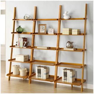 Oak Five tier 3 piece Leaning Ladder Shelf Set (OakEach shelf overall dimensions 25 inches wide x 17 inches deep x 72 inches highCombined 2 shelves dimensions 50 inches wide x 17 inches deep x 72 inches highAssembly Required )