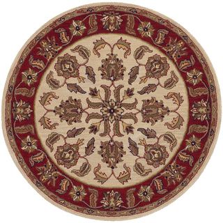 Boarder Round Wool Tufted Ivory Red Area Rug (79 Round)