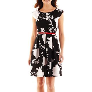 . Belted Floral Pleated Dress, Black/White