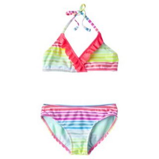 Xhilaration Girls 2 Piece Halter Striped Bikini Swimsuit   Rainbow S