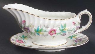 Royal Doulton Chatsworth Pink/Purple Gravy Boat with Attached Underplate, Fine C