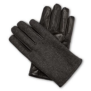Stafford Herringbone and Leather Gloves, Black, Mens