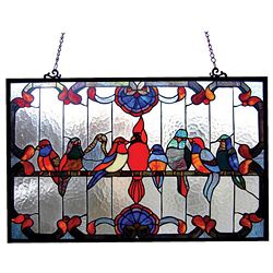 Gathering Birds Art Glass Window Panel (Red/blue/yellow/green Materials Metal and art glass Pattern Gathering birdsDimensions 20 inches high x 32 inches wide x 0.5 inch deep  )