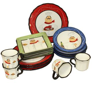 Chef Italiano Hand painted 16 piece Dinner Set (Blue, green, red, white and blackMaterials Glazed ceramicCare instructions Dishwasher and microwave safeService for 4Number of pieces in set 16Set boasts bright details and colorful varietyIllustrated ch