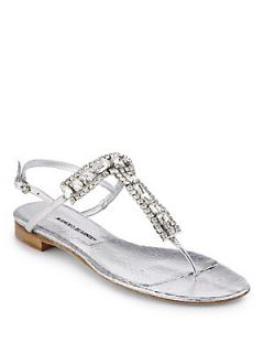 Manolo Blahnik Zanfimod Jeweled Metallic Leather Thong Sandals   Silver