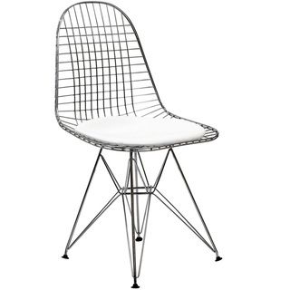 Wire Tower White Vinyl Cushionside Chair (WhiteMaterials Vinyl, chromeUpholstery White vinyl seat padSolid chrome baseFor indoor or outdoor use Seat dimensions 17 inches high x 15 inches deepDimensions 34 inches high x 18 inches wide x 17 inches deep 