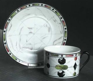 Taitu Firenze Flat Cup & Saucer Set, Fine China Dinnerware   Gray Marble Backgro