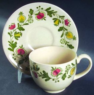 Johnson Brothers Gretchen Green Flat Cup & Saucer Set, Fine China Dinnerware   Y