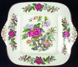 Wedgwood Cathay Square Handled Cake Plate, Fine China Dinnerware   Pink&Blue Flo