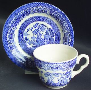 English Ironstone Blue Willow Flat Cup & Saucer Set, Fine China Dinnerware   Blu