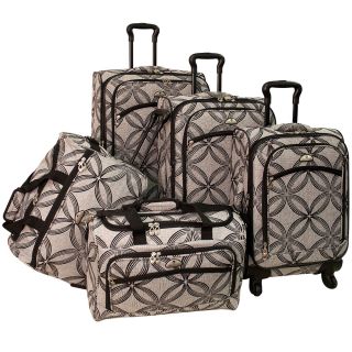 American Flyer Clover Metallic 5 piece Black/grey Expandable Spinner Luggage Set (Black/ greyMaterials Polyester Multiple interior and exterior pockets Weight Large upright (10.8 pound), medium upright (9.55 pound), carry on (8 pound), wheeled duffel (4