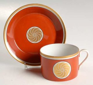 Fitz & Floyd Medallion DOr Orange Flat Cup & Saucer Set, Fine China Dinnerware