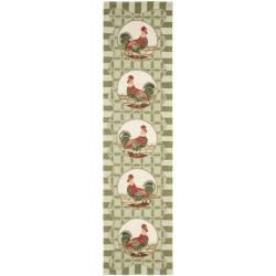 Hand hooked Rooster Green Wool Rug (26 X 10)