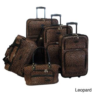 American Flyer Animal Print 5 piece Luggage Set (Giraffe brown, leopard, zebra blackMaterials Polyester, metal, plasticPockets Zippered mesh pocket and shoe pockets in upright lids for maximum organizationWeight 28 inch upright (7.8 pound), 24 inch upr