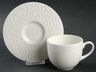 Mikasa Lattice Flat Cup & Saucer Set, Fine China Dinnerware   All White,Embossed