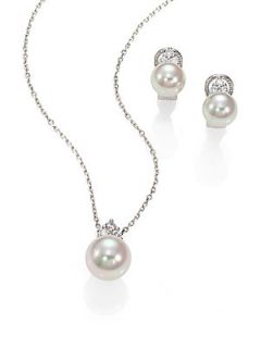 Majorica 10MM 12MM White Pearl & Sterling Silver Stud Earrings & Pendant Necklac