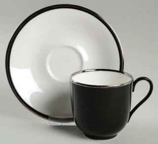 Mikasa Noir Platinum Flat Cup & Saucer Set, Fine China Dinnerware   Black & Plat