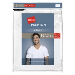 Hanes Premium Mens 6pk V Neck T Shirt   White S