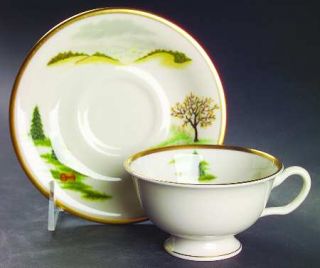 Shenango Grandma Moses Footed Cup & Saucer Set, Fine China Dinnerware   Multimot