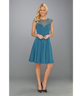 Halston Heritage Cap Sleeve Ponte Circle Skirt w/ Dotted Mesh Contrast Womens Dress (Blue)