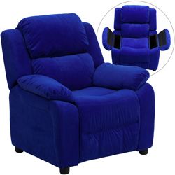 Deluxe Heavily Padded Contemporary Blue Microfiber Kids Recliner With Storage Arms