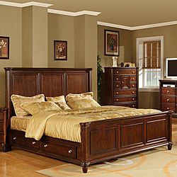 Hawthorne Queen Bed With 4 drawers (Kiln dried solid poplar and birch veneersFinish Brown cherry finishHeavily crowned and beveled for a traditional lookThe rounded pilasters ending in beautifully curved feet Four (4) drawers offer an abundance of storag