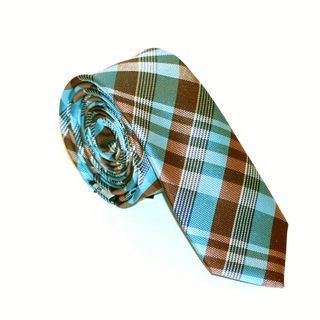 Skinny Tie Madness Mens Blue And Brown Plaid Tie (Blue/ brown plaidApproximate length 60 inchesApproximate width 1.75 inchesMaterials 100 percent polyesterDry cleanModel SKM043 )