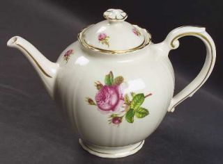 Syracuse Victoria Teapot & Lid, Fine China Dinnerware   Federal Shape, Roses Rim