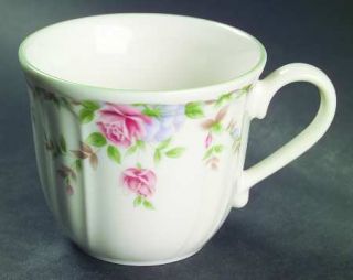 Epoch Morning Rose Flat Cup, Fine China Dinnerware   Pink Roses, Blue Flowers, G