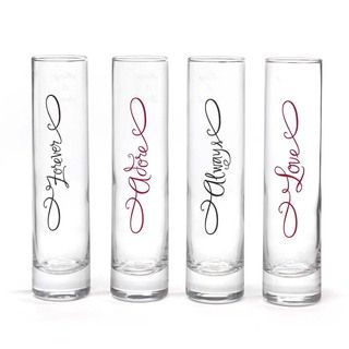 Lovely Word Glass Cylinder (set Of 4) (Clear/ black/ redSet includes Four (4) glassesText Forever, Adore, Always, LoveDimensions 7.5 inches x 1.75 inches x 1.75 inches )
