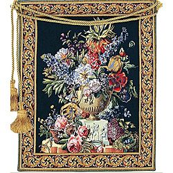 Fiori European Tapestry Wall Hanging (Black, multi Pattern FloralLined Lined with heavy weight poly/cotton with rod pocketDimensions 63 inches high x 51 inches wide  )