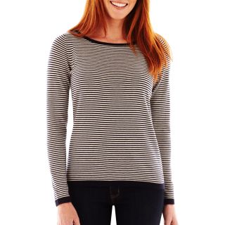 LIZ CLAIBORNE Long Sleeve Striped Sweater, Navy/marshmallow, Womens