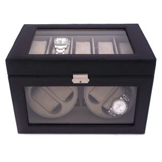 Black Leather 4 Watch Winder & 5 Watch Case   12.75W x 9H in.   BB605BLK