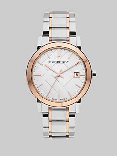 Burberry Two Tone Stainless Steel Check Watch   Silver Rose Gold
