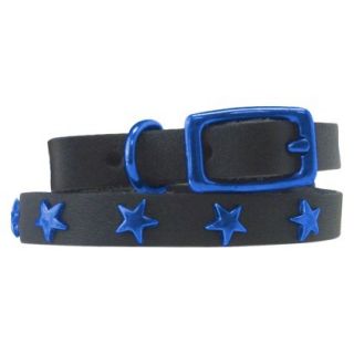 Platinum Pets Black Genuine Leather Cat and Puppy Collar with Stars   Blue (7.