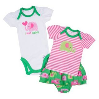 Gerber Newborn Girls 3 Piece Elephant Skirt Set   Green/Pink 3 6 M