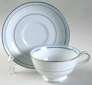 Noritake Brandon Footed Cup & Saucer Set, Fine China Dinnerware   Blue Band, Whi