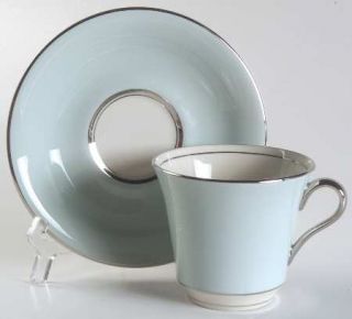American Manor Celestial Flat Cup & Saucer Set, Fine China Dinnerware   Aqua Rim
