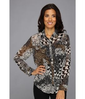 TWO by Vince Camuto L/S Patchwork Utility Shirt Womens Blouse (Black)