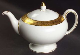 Wedgwood Ascot Teapot & Lid, Fine China Dinnerware   Gold Encrusted Band, White