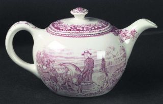 Homer Laughlin  Currier & Ives Red Teapot & Lid, Fine China Dinnerware   Red, Le