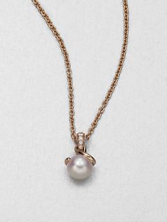 Mikimoto 8MM White Akoya Cultured Pearl 18K Rose Gold Diamond Pendant Necklace  