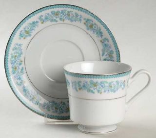 Mikasa Chesterland Footed Cup & Saucer Set, Fine China Dinnerware   Blue, Yellow