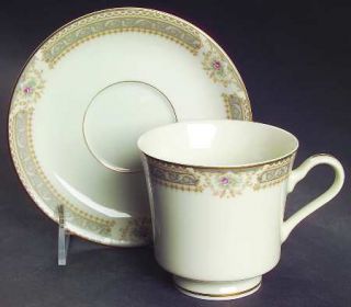 Mikasa Richelieu Footed Cup & Saucer Set, Fine China Dinnerware   Gray Band,Whit