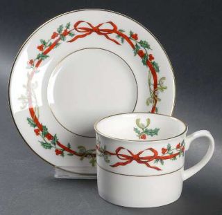 Royal Worcester Holly Ribbons Flat Cup & Saucer Set, Fine China Dinnerware   Red